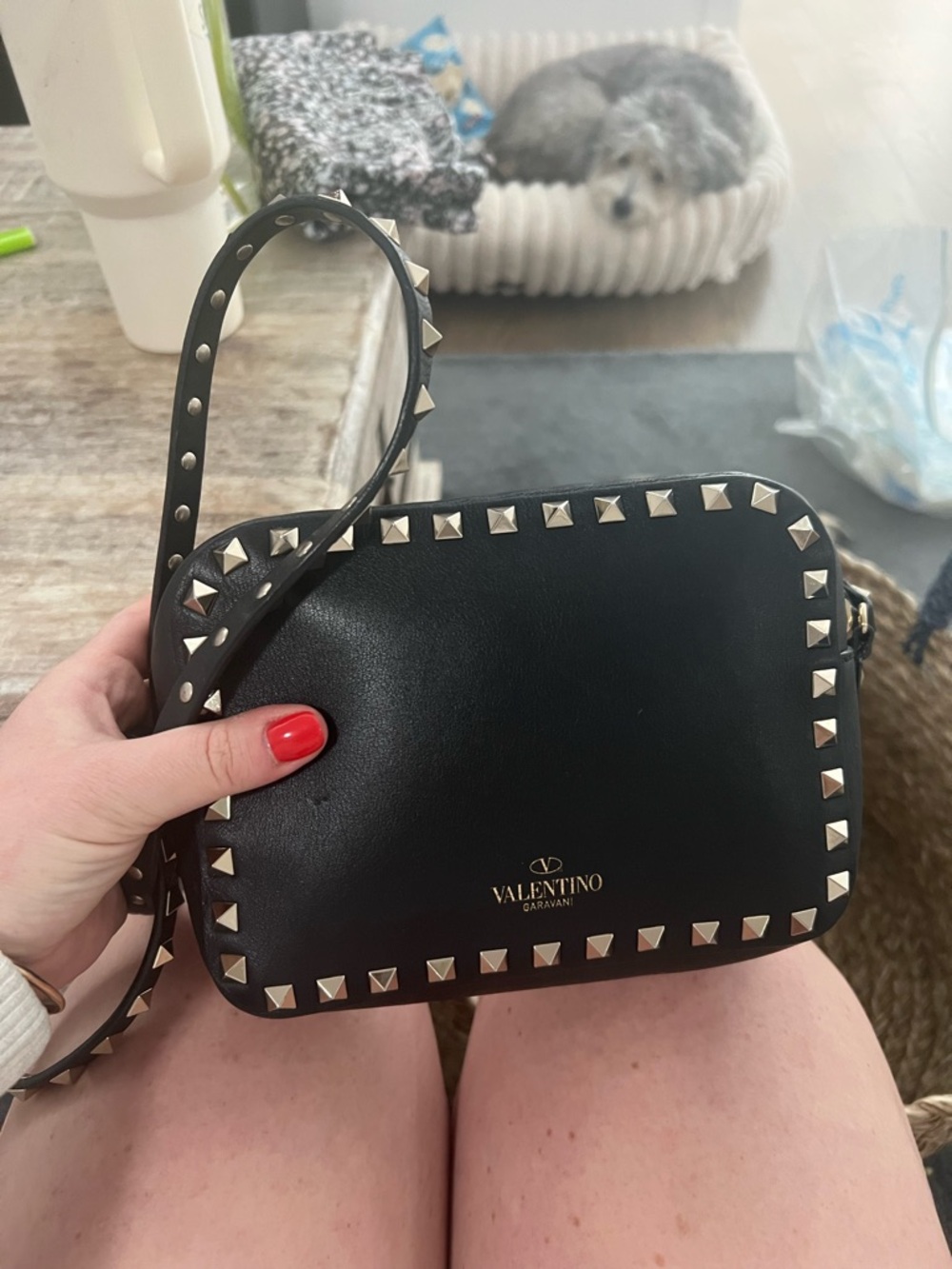 Valentino Black Rockstud Leather Crossbody with Gold Accents